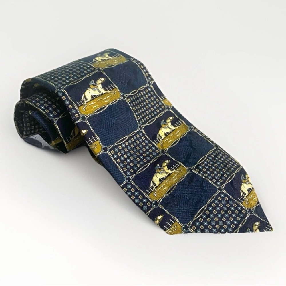POLIFRONI Milano Men 100% Silk Tie Equestrian Horse/Jockey Blue Made In Canada‎